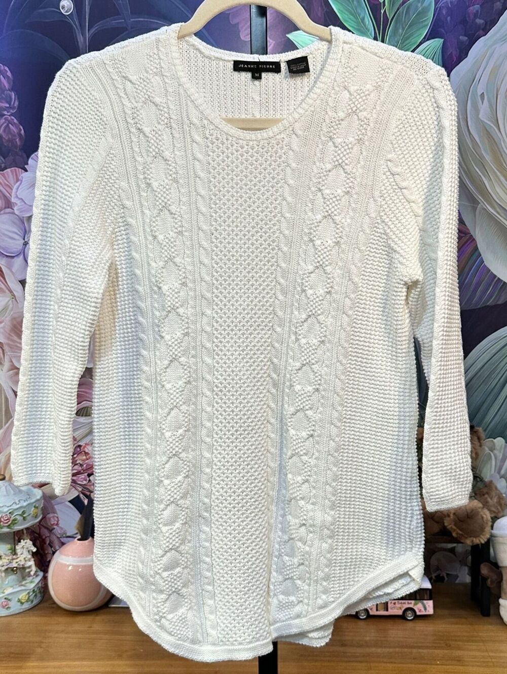 Jeanne Pierre M 100% Cotton Cable Knit Stretch Sweater Preppy Minimalist White